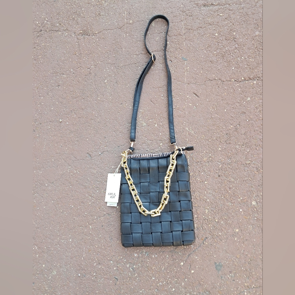 NWT Kayla + Ava Black Woven Crossbody Bag with Gold Chain